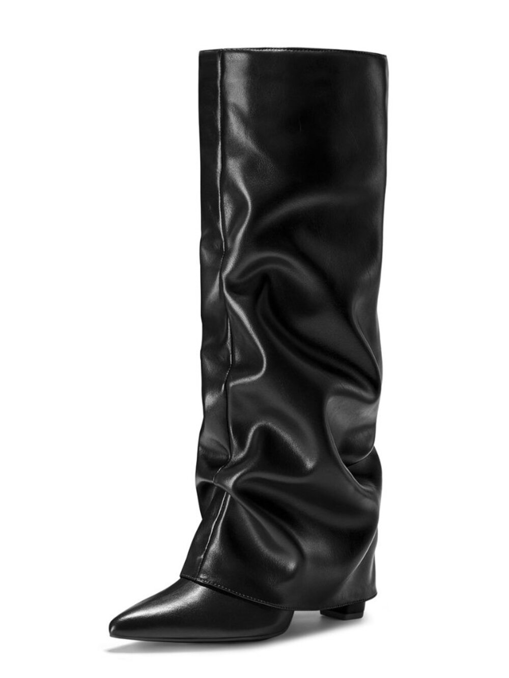 Knee High Boots Women Pull on Shark Slouchy Fold Over Tall Block